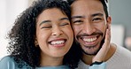 Interracial couple, face or bonding in house, hotel or home for honeymoon or romantic holiday vacation. Smile portrait, zoom or happy brazilian woman and asian man homeowners in new mortgage property