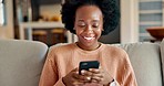 Black woman reading funny social media phone typing, online dating profile and notification at home. Laughing, young and happy african person relax with mobile app technology, meme and 5g connection