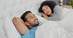 Couple communication, home bed and talking about marriage, planning life together and comic discussion in bedroom in the morning. Man and woman speaking and laughing about love while relax in house