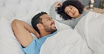 Relax, love and couple communication in bed for intimate and honest relationship discussion. Happy, young and caring latino couple conversation while resting together in home bedroom.

