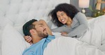 Couple waking up in bedroom happy happy with luxury mattress, real estate or hotel room hospitality. Happiness, excited and love of people lying in bed together in their new modern home or apartment