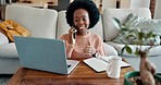 Black woman, phone call or laptop in living room for digital marketing collaboration, brand strategy or startup finance budget. Smile, happy or remote worker in house with kpi technology and notebook