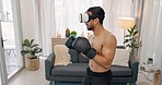 Virtual reality, boxing training and boxer man wearing gloves to fight in metaverse game with vr glasses and cyberspace battle, challenge or workout. Male athlete with ai sport for health and fitness