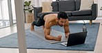 Fitness, internet workout and man in living room with laptop doing exercise video or yoga plank on mat. Personal trainer, online motivation and technology for health and wellness from home or office.