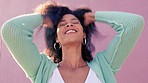 Afro woman with natural hair and happy with growth on pink wall background in summer sunshine. Freedom, carefree and empowerment girl with retro curly hairstyle for outdoor hair care or beauty mockup
