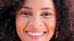 Happy, portrait and face of black woman laughing and excited after natural hair care treatment on curly afro. Beauty, wellness and skincare by African American female feeling beautiful and confident 