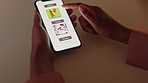 Ecommerce woman and retail website on smartphone screen for store brand business internet research. Responsive online shopping ui design technology app for curious digital customer closeup.