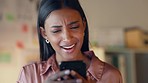 Wow, confused face and phone of a Indian woman using technology at home. Online, digital and mobile use of a person reading internet news, work email or social media post on a screen at a house