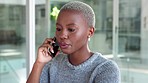 Phone call, business networking and black woman with online communication, discussion or talking logistics, b2b marketing or negotiation. Corporate office worker or client with cellphone conversation