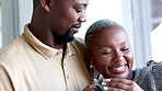 Happy couple, morning coffee and hug to show love and care while looking out hotel, apartment or bedroom window on honeymoon vacation. Happy black man and woman showing commitment and romance