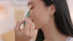 Eyes, brush and makeup artist woman working on client woman face for beauty, cosmetics and skincare. Cosmetology or creative entrepreneur with eyeshadow color for tutorial and giving skincare advice