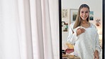 A happy, bride to be with boutique wedding dress in mirror from home and thinking of marriage to future husband. Woman with a smile on her face thinking about love, romance and relationship happiness