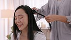 Hair iron, wedding hairdresser home salon and happy customer typing on smartphone in Tokyo. Friend of bride style hairstyle in luxury hotel, client house call in morning and get ready together