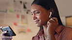 Phone, music and dance with a young woman listening to or streaming a song online with a negative expression. Earphones, earpods and review with an attractive female unsure but ready to listen