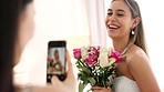Bride, bridesmaid and wedding picture with phone with flowers or bouquet, fashion dress and an excited smile for social media. Happy woman and friend with mobile smartphone before a marriage ceremony