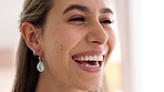 Face smile, wedding ring and happy bride in dress ready for luxury marriage, ceremony or event in room. Love, jewelry band and happy woman excited for union, celebration or romantic commitment party.