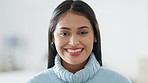 Happy, smile and portrait of a young woman with a positive mindset standing in her house. Happiness, joy and face closeup of a beautiful girl from costa rica with a proud, fun and calm lifestyle.