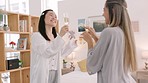 Champagne, friends and toast with women dance in celebration of good news in their home together. Happy, relax and excited females cheers and bonding while dancing and having fun in a bedroom