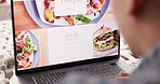 Restaurant, web design and computer food website of a man scroll through about us website work. IT, ux and webdesign worker with technology to check digital marketing and ui internet screen display