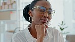 Black woman on computer thinking of ideas, goal and vision planning, working and inspiration. Designer with focus glasses, mindset strategy and remember solution for opportunity, dream and decision