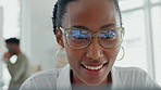 Smile, black woman and working with happiness and glasses on a computer. Happy person worker face using pc technology to do internet, digital email and online remote work on a laptop with a smile 