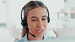 Call center, contact us and customer service by woman operator happy, working with online client in office. Communication, help desk and crm questions by friendly female with support and good advice