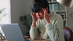 Headache, stress and burnout for woman with laptop and anxiety over writers block for social media content writing. Mental health, pain and brain fatigue for digital online news home remote worker