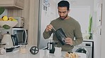 Breakfast, relax and coffee with man in kitchen, happy and content while preparing drink in his home. Wellness, coffee machine and asian male relaxing in the morning with a strong, caffeine beverage 