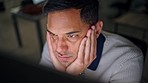 Confused, stress and business man at computer tired and late at work to complete deadline. Corporate person with fatigue and anxiety working overtime in office at night with glitch problem.

