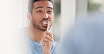 Man, toothbrush and mirror in bathroom, dance, happy and latino man brush his teeth to start day. Smile, fun and dental healthcare in morning, guy, cleaning and teeth in home, for wellness and care