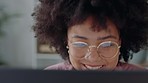 Success, winner and business woman working on laptop in corporate office, excited celebration of good news or winning email. happy, wow and smile by black entrepreneur reading good news of promotion