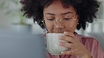 Coffee break, black woman and relax at home office drinking delicious caffeine, espresso or cappuccino. Happy professional female worker, face smile and enjoying tea, mug beverage and free time alone