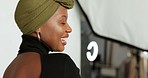 Black woman, fashion and photographer smile in creative photoshoot in a studio against white mockup background. Model in a photography shoot for a professional clothing website or magazine cover
