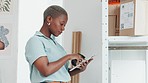 Logistics worker with digital barcode scanner, checking stock in warehouse and black woman verify inventory on tablet. Supply chain industry, package box in factory and courier for distribution