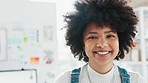 Employee portrait, happy business and black woman with smile at startup advertising company with mock up. Face of African worker, designer or girl working in marketing office with mockup space