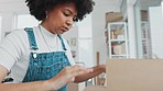 Black woman, shipping box and warehouse in training for packaging, delivery and e commerce company. Ecommerce business or package girl employee working at courier or parcel stock distribution store
