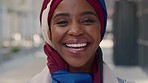 Black woman, face portrait and muslim from Nigeria in traditional hijab, islamic religion and Allah worship. Smile, happy and laughing female, positive mindset for spiritual faith and islam culture.
