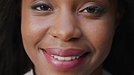 Makeup, black woman and portrait of optimistic face and joyful smile with exciting news closeup. Hope, motivation and happiness of girl in Jamaica with opportunity for cosmetic artist career.