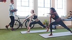 Yoga, meditation and teamwork in a creative business workplace with team collaboration, diversity and wellness. Design company with healthy mind and work environment to promote teamwork and exercise