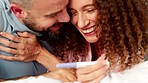 Happy, excited couple about pregnancy test result and smile with happiness for future together. Adult woman is pregnant, gets love and support from man. Married people, celebrate baby and family life