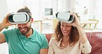 Couple, virtual reality and playing game online with controller and celebration for win in metaverse on sofa in their russia home. Vr headset, cyberspace and man with woman video gaming with glasses