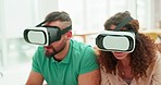 Virtual reality, glasses and couple playing game online with controller while sitting on the sofa. Technology, metaverse and man and woman video gaming for entertainment while relaxing in living room