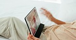 Communication, love and tablet with couple on a video call talking on app, internet and digital while relax in bedroom. Technology, contact and happy with man and woman in virtual online conversation