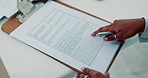 Deal, law contract and reading a finance, investment or legal tax paperwork in an office. Hands closeup of a black woman financial or lawyer planning, signing and working on compliance of audit forms