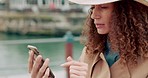 Phone, thinking and travel with a woman tourist on the search for directions in a foreign city overseas. Navigation, GPS and idea with a female following a map while enjoying traveling and tourism