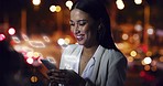 Night, city and phone hologram with woman texting and laughing in a busy street, happy and relax. Technology, travel and female enjoying conversation on online dating app, planning fun date over text