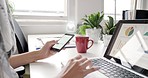 Technology, digital and online work of a woman working with a phone and computer at a office. Business, social media and worker with pc and mobile text hologram and scroll through a company graph