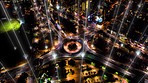 Night traffic, aerial cityscape and wifi radar connection, cloud computing and big data overlay on speed highway. Future technology abstract, social networking internet and smart city 5g web telecom
