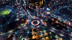 Urban city transport network, cars in traffic and buildings light filming with drone. Time lapse effect, movement in city at night and abstract technology shield network connection for cyber security