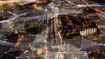 Digital transformation, network and cloud computing with city for innovation and growth with aerial view at night. Technology, iot and futuristic communication in Tokyo for internet, big data or ai